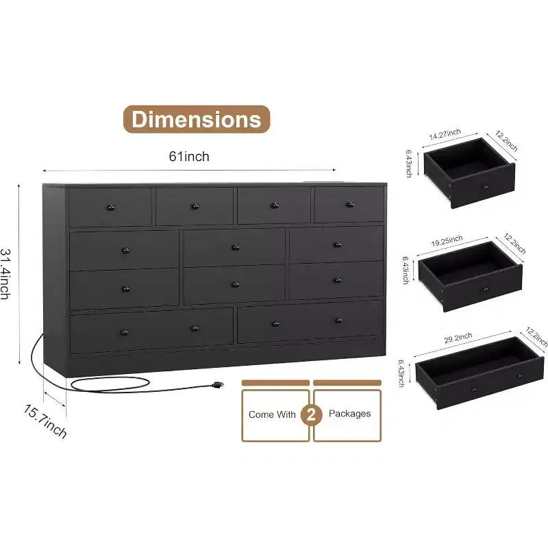 12 Drawers Dresser, 61 Large Drawers Black Dresser for Bedroom, Wood Dressers & Chest of Drawers for Bedroom, Living Room