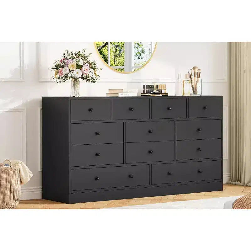 12 Drawers Dresser, 61 Large Drawers Black Dresser for Bedroom, Wood Dressers & Chest of Drawers for Bedroom, Living Room