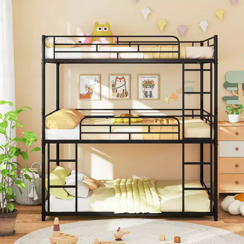 Costway Full Over Full Over Full Metal Bed Frame Heavy-Duty Triple Bunk Bed w/Dual Ladders