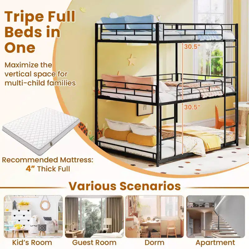 Costway Full Over Full Over Full Metal Bed Frame Heavy-Duty Triple Bunk Bed w/Dual Ladders