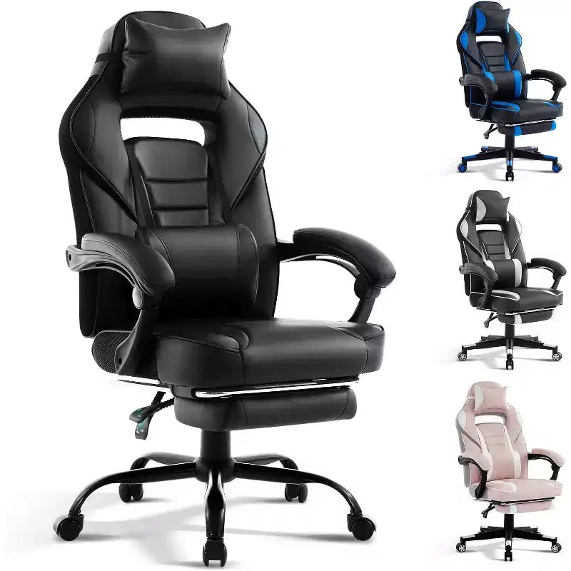 Sedia da gaming girevole a 360°, regolabile in altezza, con poggiapiedi estraibile e supporto lombare ergonomico, in pelle PU, per computer e ufficio, con poggiatesta