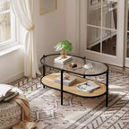 37 Rattan Coffee Table, 2 Tier Wooden Oval Center Table with Tempered Glass Top, Accent Cocktail Tea Table for Living Room Bedroom Office