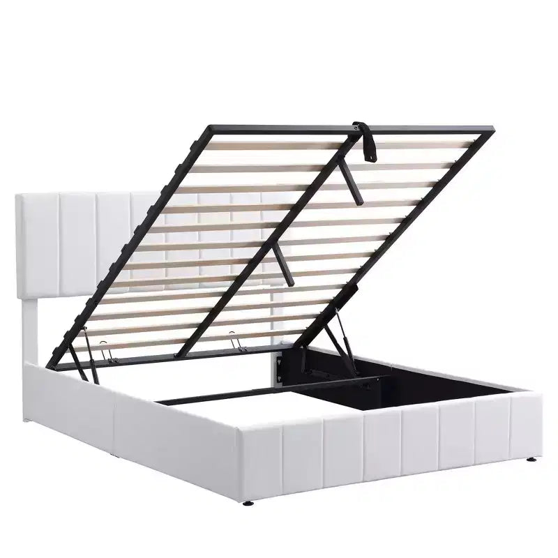 Letto imbottito Queen size con sistema di sollevamento idraulico e vano contenitore - Beige