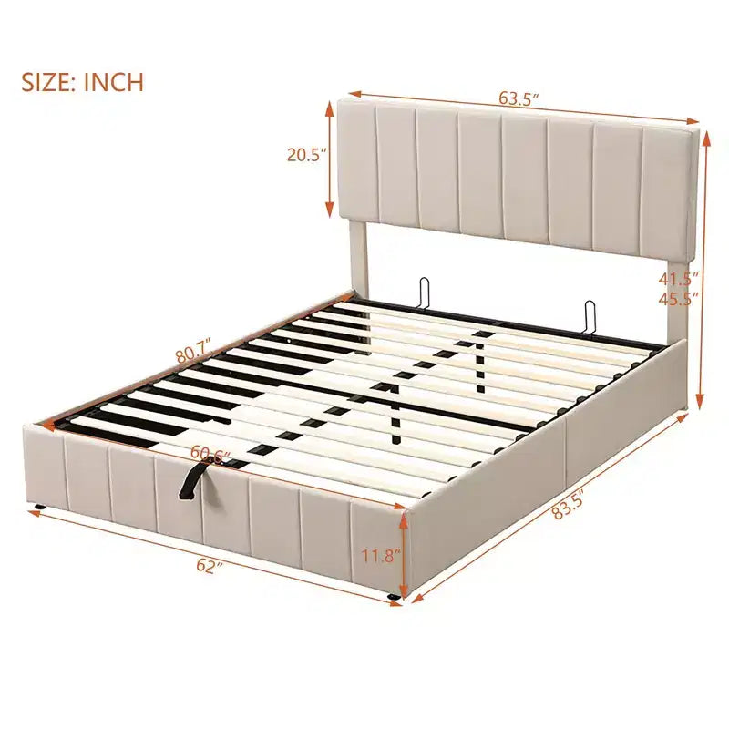 Letto imbottito Queen size con sistema di sollevamento idraulico e vano contenitore - Beige