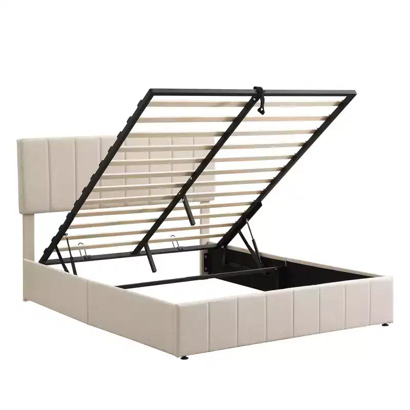 Letto imbottito Queen size con sistema di sollevamento idraulico e vano contenitore - Beige