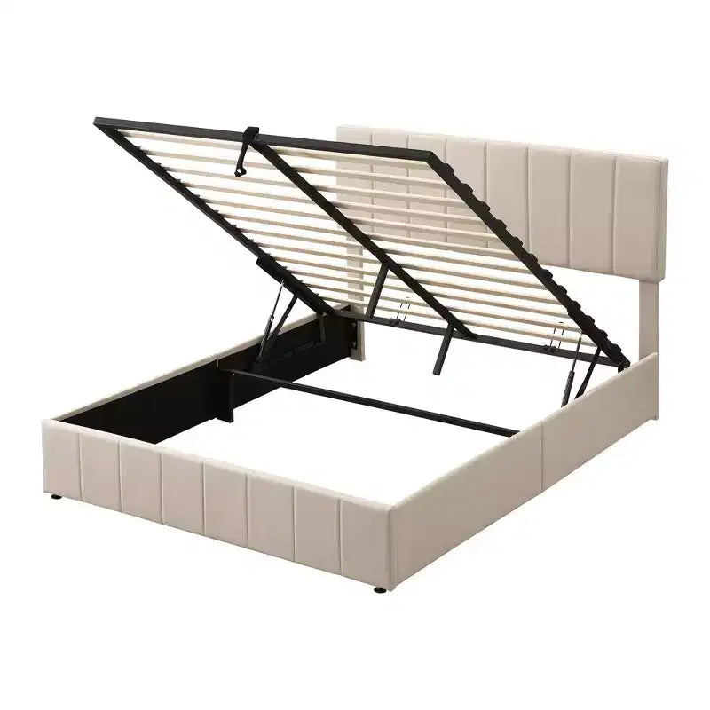 Letto imbottito Queen size con sistema di sollevamento idraulico e vano contenitore - Beige