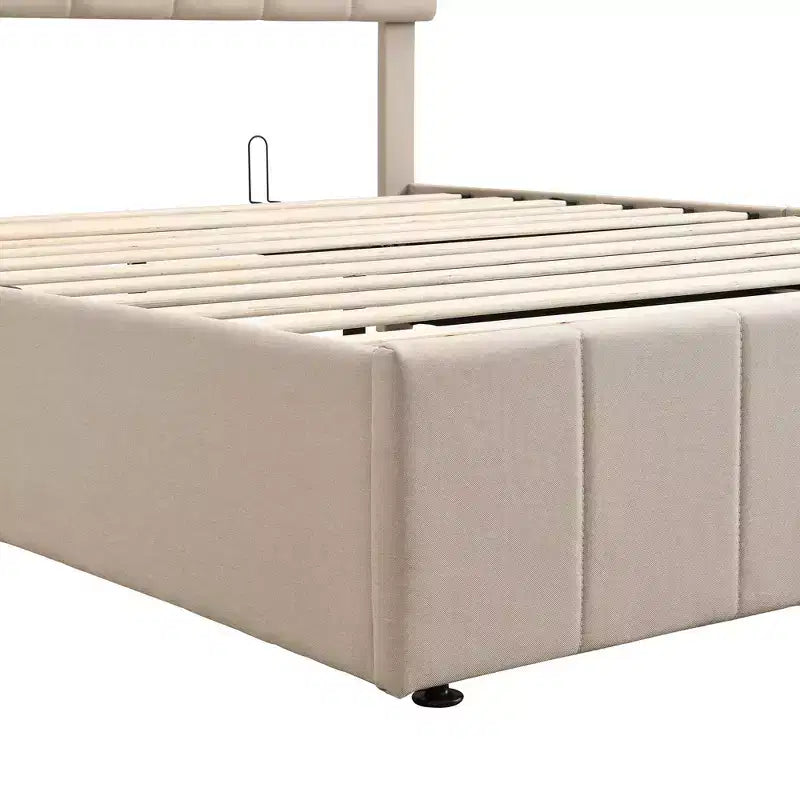 Letto imbottito Queen size con sistema di sollevamento idraulico e vano contenitore - Beige
