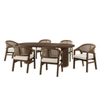 Christopher Knight Home Ilumia Rustic 7 Piece Rattan Rubberwood Upholstered Dining Chairs with Double Pedestal Oval Table
