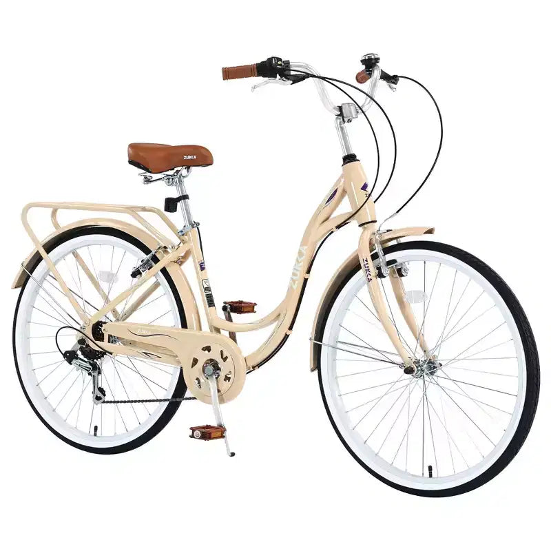 NAYSAYE Bicycle 7 Speed Steel Frame 24 Inch Ladies Bike for Commuting and Leisure for Urban Rides, Beige, 62.2*23.62*40.16