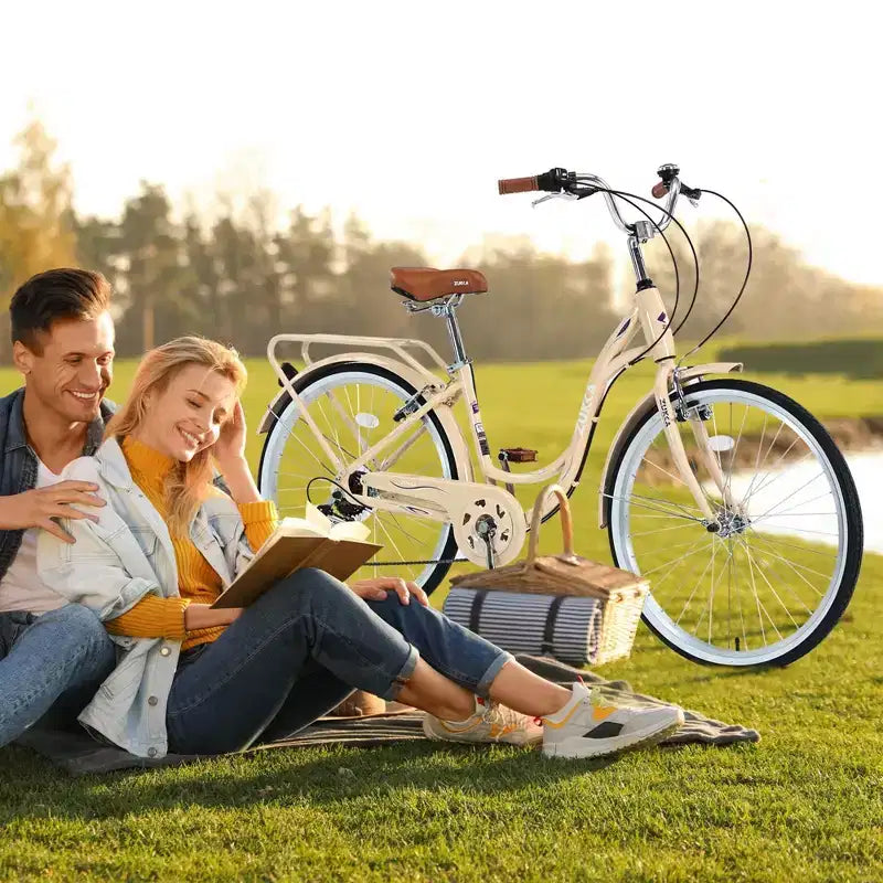 NAYSAYE Bicycle 7 Speed Steel Frame 24 Inch Ladies Bike for Commuting and Leisure for Urban Rides, Beige, 62.2*23.62*40.16