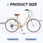 NAYSAYE Bicycle 7 Speed Steel Frame 24 Inch Ladies Bike for Commuting and Leisure for Urban Rides, Beige, 62.2*23.62*40.16