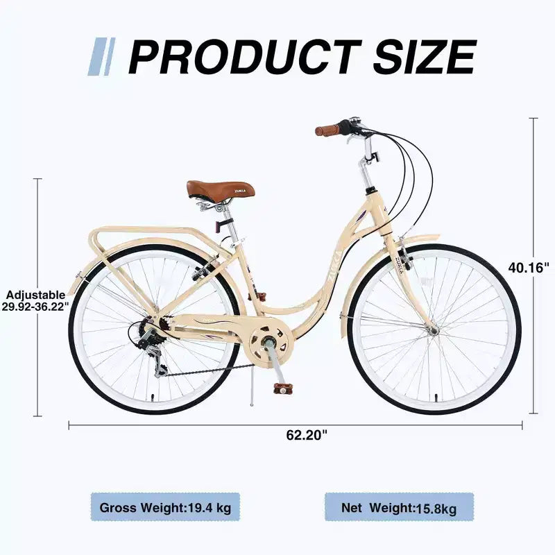 NAYSAYE Bicycle 7 Speed Steel Frame 24 Inch Ladies Bike for Commuting and Leisure for Urban Rides, Beige, 62.2*23.62*40.16
