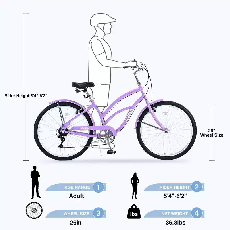 NAYSAYE Bicycle 7 Speed 26 Inch Beach Cruiser Bike Steel Frame for Women for Comfortable Rides, Purple, 69.96*28.32*43.2
