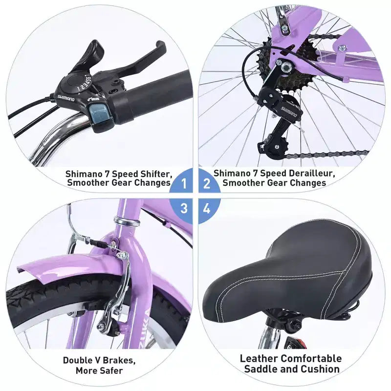 NAYSAYE Bicycle 7 Speed 26 Inch Beach Cruiser Bike Steel Frame for Women for Comfortable Rides, Purple, 69.96*28.32*43.2