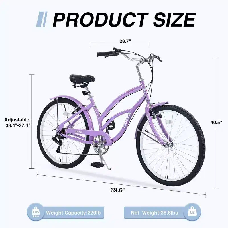 NAYSAYE Bicycle 7 Speed 26 Inch Beach Cruiser Bike Steel Frame for Women for Comfortable Rides, Purple, 69.96*28.32*43.2