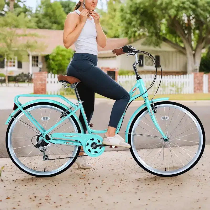 Bicicletta NAYSAYE 7 velocità telaio in acciaio da donna per pendolarismo e tempo libero per donne attive, verde, 66.5*45.7*22.05