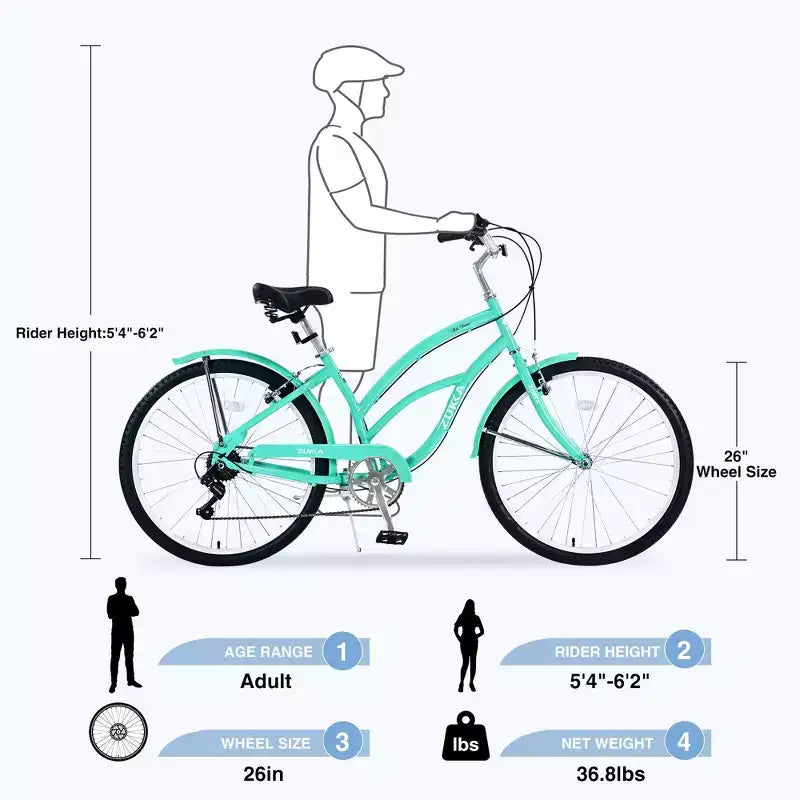 NAYSAYE 26 Inch Beach Cruiser Bike for Adults, 7 Speed Commuter Bicycle Steel Frame for Women for Comfortable Rides, Mint Green, 69.6*28.5*40.5