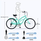 NAYSAYE 26 Inch Beach Cruiser Bike for Adults, 7 Speed Commuter Bicycle Steel Frame for Women for Comfortable Rides, Mint Green, 69.6*28.5*40.5