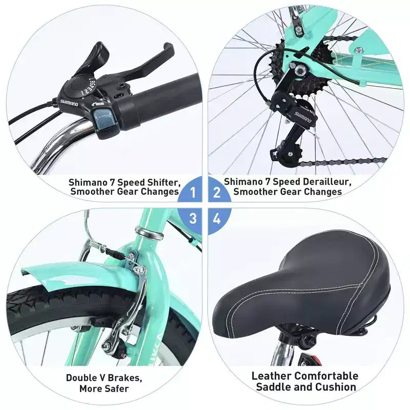 NAYSAYE 26 Inch Beach Cruiser Bike for Adults, 7 Speed Commuter Bicycle Steel Frame for Women for Comfortable Rides, Mint Green, 69.6*28.5*40.5
