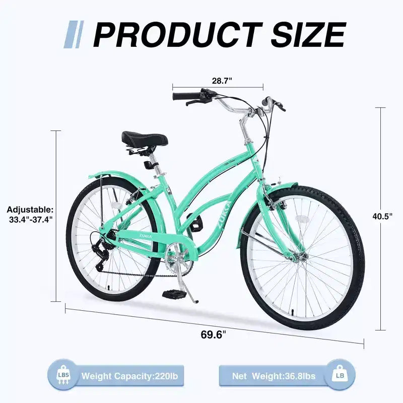 NAYSAYE 26 Inch Beach Cruiser Bike for Adults, 7 Speed Commuter Bicycle Steel Frame for Women for Comfortable Rides, Mint Green, 69.6*28.5*40.5