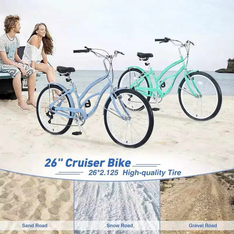 NAYSAYE 26 Inch Beach Cruiser Bike for Adults, 7 Speed Commuter Bicycle Steel Frame for Women for Comfortable Rides, Mint Green, 69.6*28.5*40.5