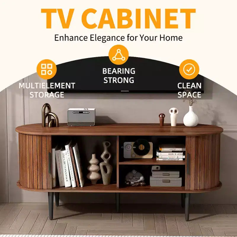 GDFStudio Fennik Mid-Century Modern Wooden TV Stand with Sliding Door