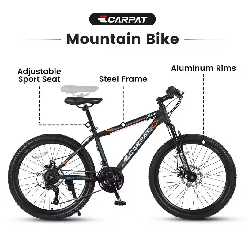 NAYSAYE Bicicletta Mountain Bike da 24 pollici con 21 velocità e telaio in acciaio per ragazzi e ragazze per avventure fuoristrada, nero e arancione, 56.3*7.88*28.35
