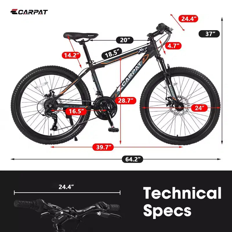 NAYSAYE Bicicletta Mountain Bike da 24 pollici con 21 velocità e telaio in acciaio per ragazzi e ragazze per avventure fuoristrada, nero e arancione, 56.3*7.88*28.35