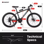NAYSAYE Bicicletta Mountain Bike da 24 pollici con 21 velocità e telaio in acciaio per ragazzi e ragazze per avventure fuoristrada, nero e arancione, 56.3*7.88*28.35