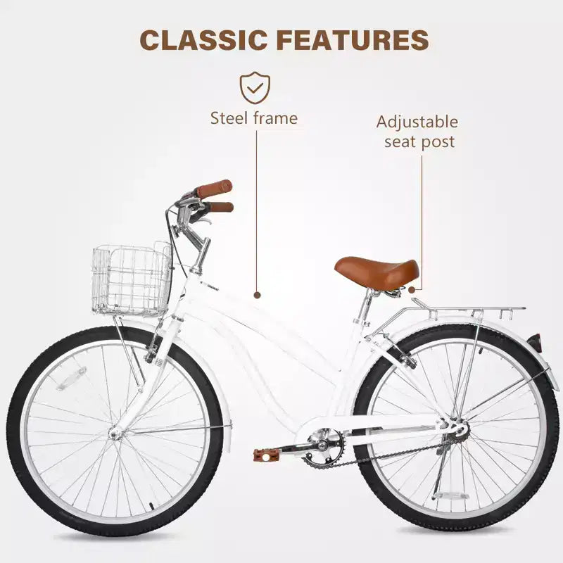 Bicicletta da crociera hykolity 26 pollici, bicicletta da spiaggia, bicicletta da città, da pendolare per donne adulte di altezza 152-183 cm, cestino anteriore, portapacchi posteriore, bianco tenue