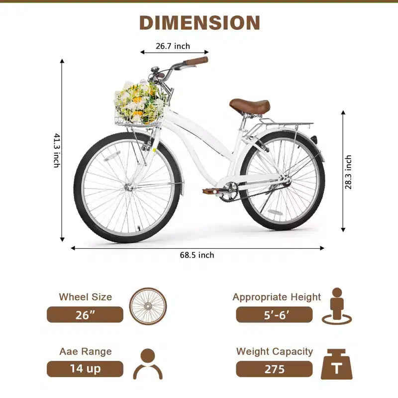 Bicicletta da crociera hykolity 26 pollici, bicicletta da spiaggia, bicicletta da città, da pendolare per donne adulte di altezza 152-183 cm, cestino anteriore, portapacchi posteriore, bianco tenue
