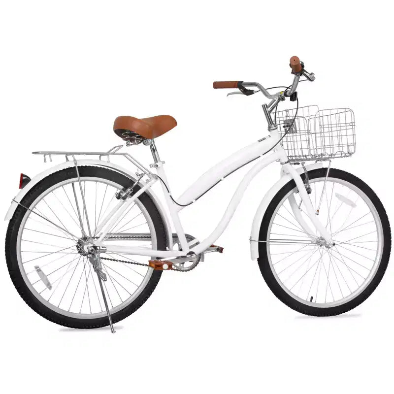 Bicicletta da crociera hykolity 26 pollici, bicicletta da spiaggia, bicicletta da città, da pendolare per donne adulte di altezza 152-183 cm, cestino anteriore, portapacchi posteriore, bianco tenue