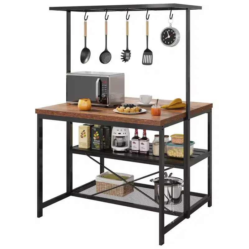 42 Kitchen Island - Microwave Stand & Baker's Rack with 3-Tier Storage Shelves, 5 Hooks & Removable Top (Natural)