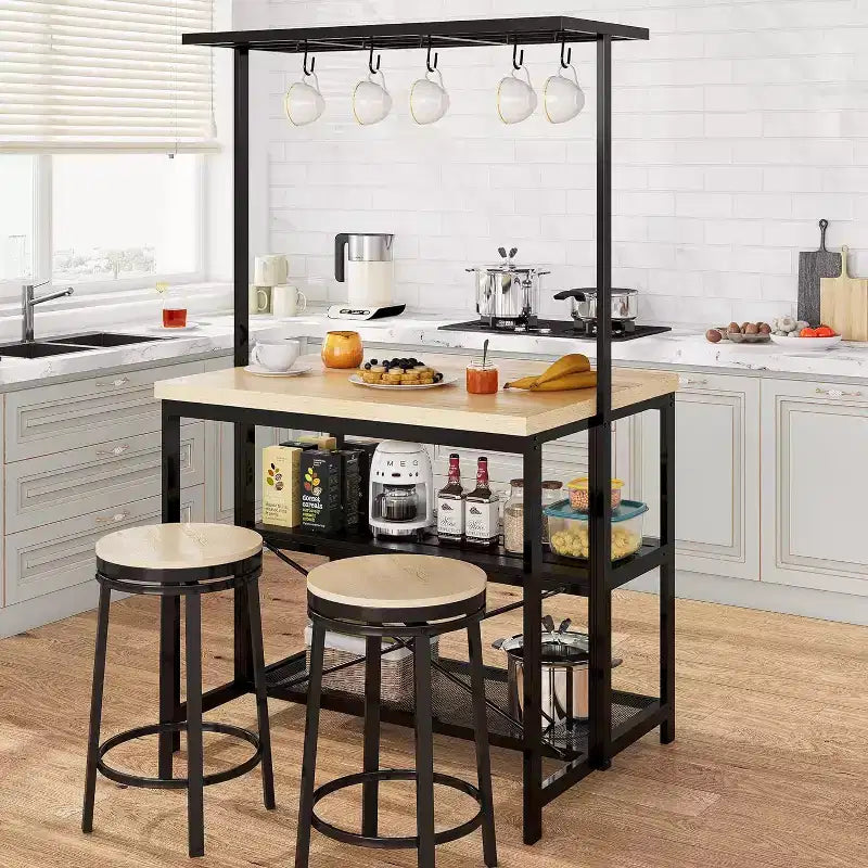 42 Kitchen Island - Microwave Stand & Baker's Rack with 3-Tier Storage Shelves, 5 Hooks & Removable Top (Natural)