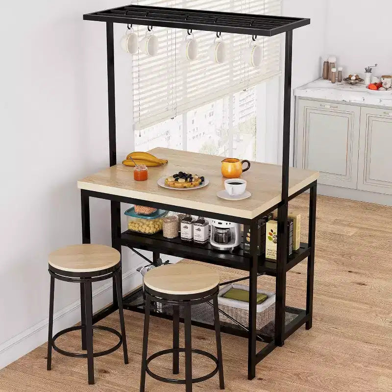 42 Kitchen Island - Microwave Stand & Baker's Rack with 3-Tier Storage Shelves, 5 Hooks & Removable Top (Natural)