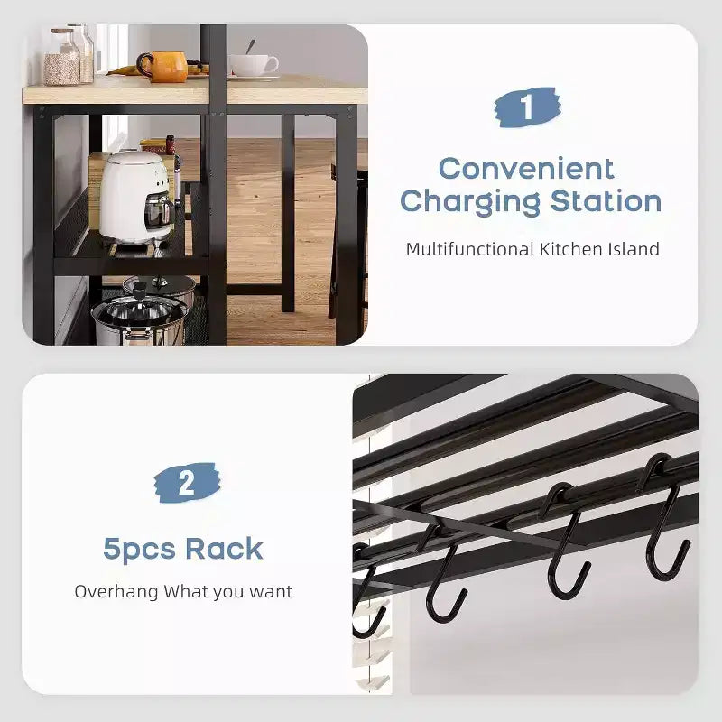 42 Kitchen Island - Microwave Stand & Baker's Rack with 3-Tier Storage Shelves, 5 Hooks & Removable Top (Natural)