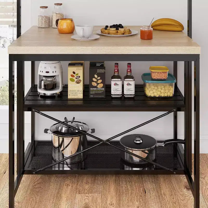 42 Kitchen Island - Microwave Stand & Baker's Rack with 3-Tier Storage Shelves, 5 Hooks & Removable Top (Natural)