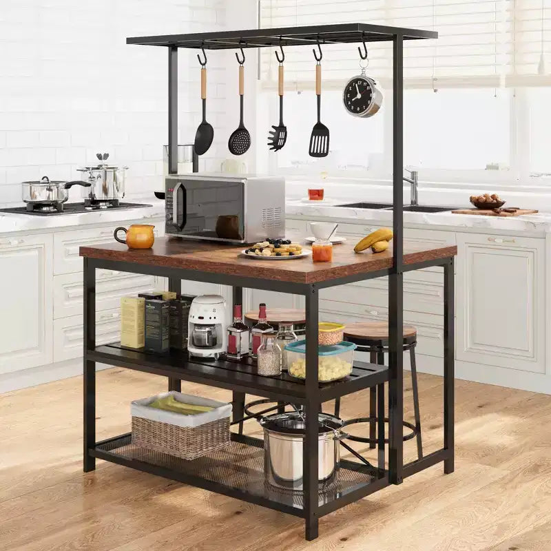 42 Kitchen Island - Microwave Stand & Baker's Rack with 3-Tier Storage Shelves, 5 Hooks & Removable Top (Natural)