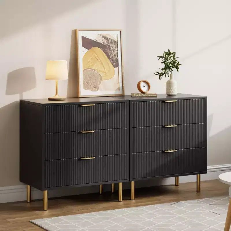 Black Dresser, Modern 3 Drawer Dresser for Bedroom with Gold Handle and Large Drawer