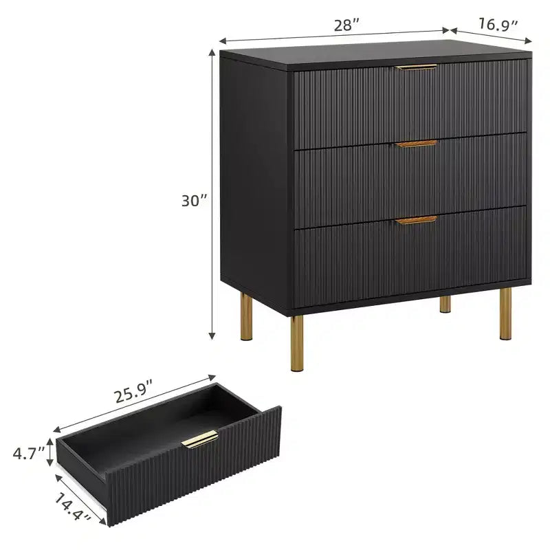 Black Dresser, Modern 3 Drawer Dresser for Bedroom with Gold Handle and Large Drawer