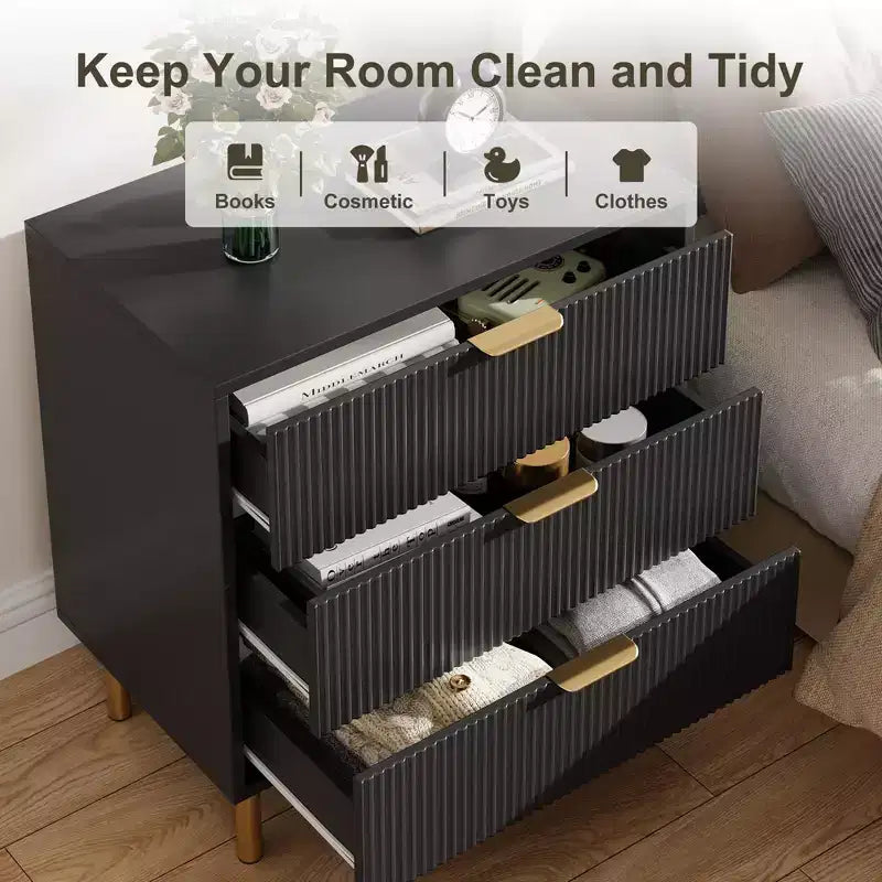 Black Dresser, Modern 3 Drawer Dresser for Bedroom with Gold Handle and Large Drawer