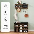 Hall Tree Shoe Bench Industrial 6 in 1 Coat/Shoe Rack with 5 Hooks, 9 Storage Cubbies with Bookshelf and Small Blackboard