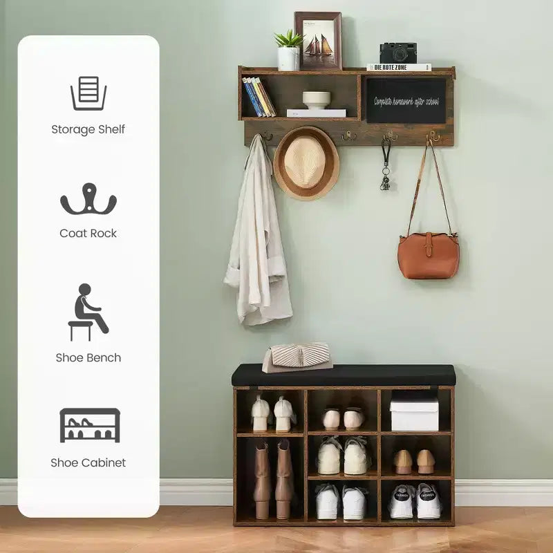 Hall Tree Shoe Bench Industrial 6 in 1 Coat/Shoe Rack with 5 Hooks, 9 Storage Cubbies with Bookshelf and Small Blackboard