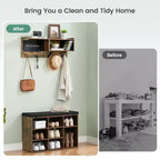Hall Tree Shoe Bench Industrial 6 in 1 Coat/Shoe Rack with 5 Hooks, 9 Storage Cubbies with Bookshelf and Small Blackboard