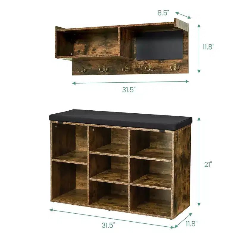 Hall Tree Shoe Bench Industrial 6 in 1 Coat/Shoe Rack with 5 Hooks, 9 Storage Cubbies with Bookshelf and Small Blackboard