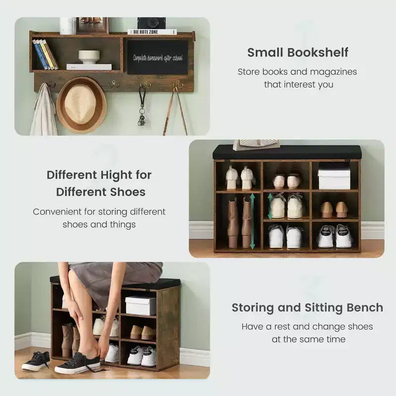 Hall Tree Shoe Bench Industrial 6 in 1 Coat/Shoe Rack with 5 Hooks, 9 Storage Cubbies with Bookshelf and Small Blackboard