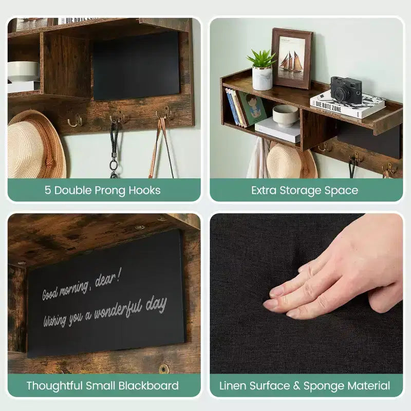 Hall Tree Shoe Bench Industrial 6 in 1 Coat/Shoe Rack with 5 Hooks, 9 Storage Cubbies with Bookshelf and Small Blackboard