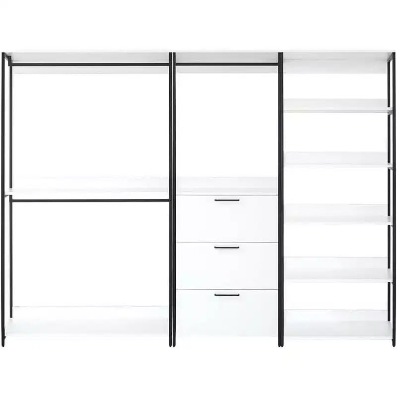HomeStock 77.7 in.H x 111 in.W White Wood Composite Closet System for Universal Storage with Storage Bins