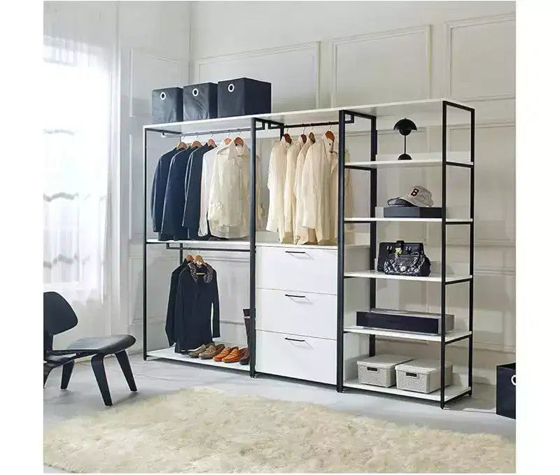 HomeStock 77.7 in.H x 111 in.W White Wood Composite Closet System for Universal Storage with Storage Bins