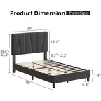 Twin Size Bed Frame with Adjustable Headboard, Linen Upholstered Bedframe with Strong Wooden Slats, Mattress Foundation, Dark Grey